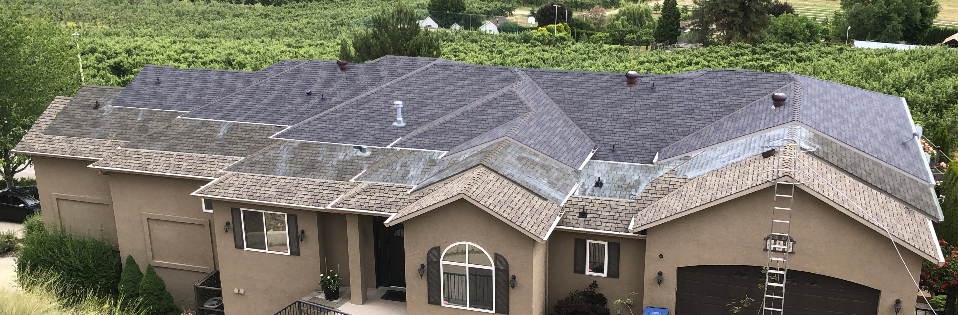 before during and after photo of roof restoration process. darker shingles cleaned on top. roof solution on middle.